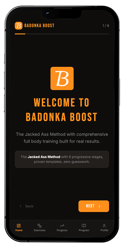 Badonka Boost fitness training app available for free with a Jacked Ass Belt or Badonka Belt